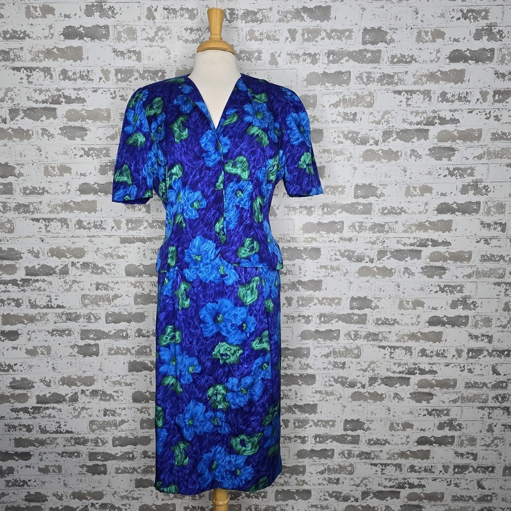 Papell Boutique 2 Piece Suit Set Womens 12 Lightweight Floral Short Sleeve‎ Midi